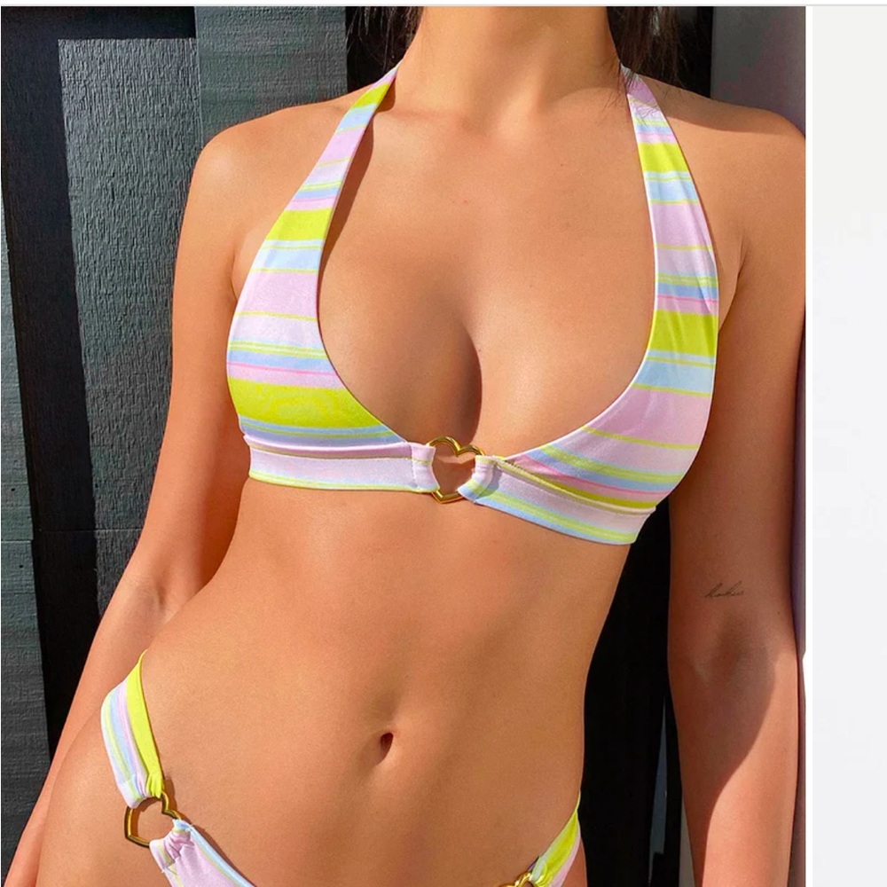 Frankie's Bikinis Pink and Yellow Halter Bikini Top
